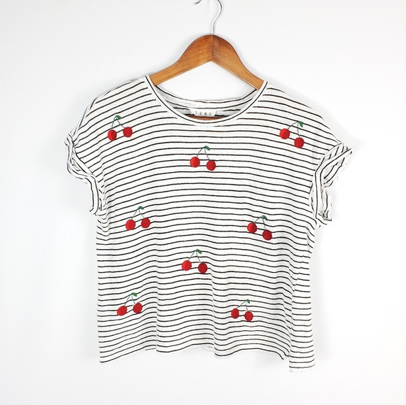 THML Tops - THML Cherry Embroidered Black White Striped Top